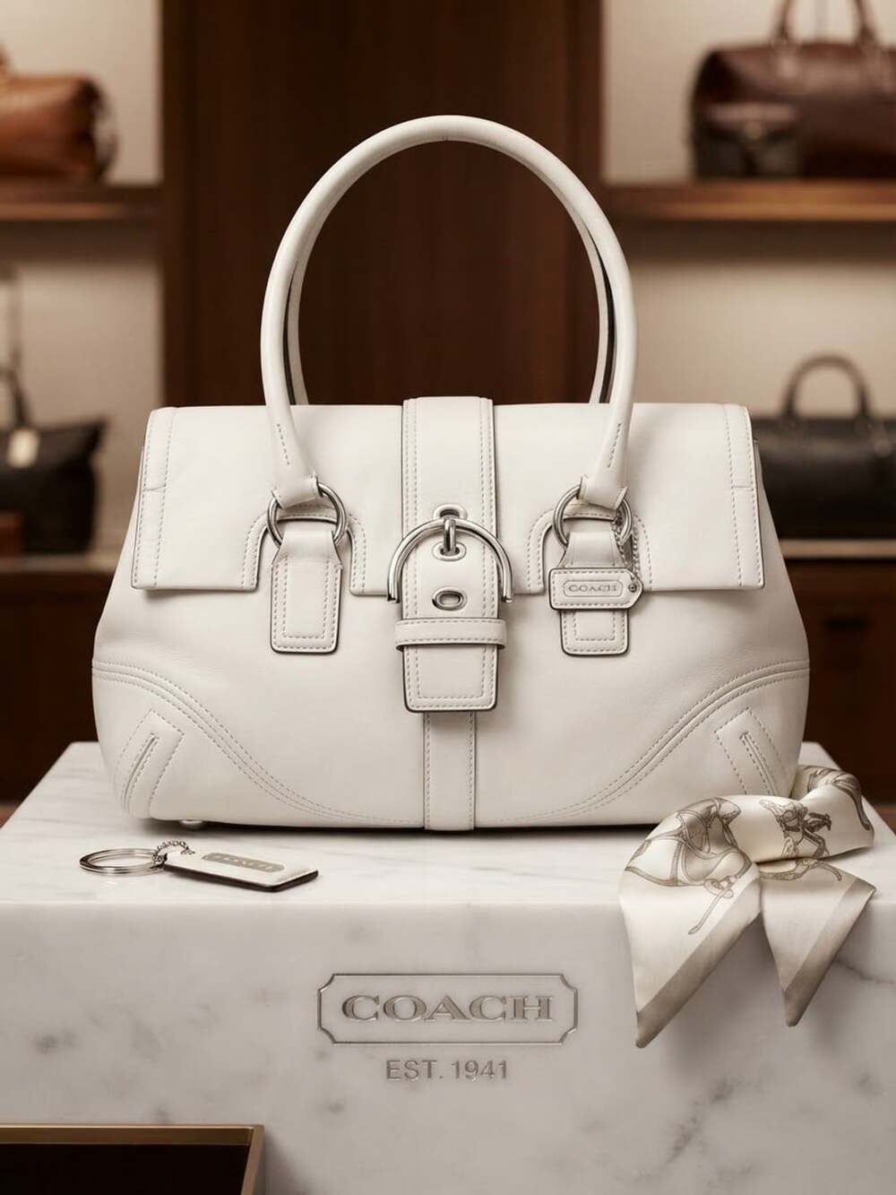Coach Vintage White Leather Satchel Shoulder Bag with Dust Bag Y2K